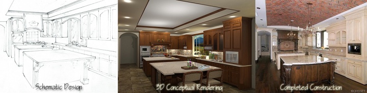 Custom Tuscan Kitchen; Schematic, 3D Rendering and Completed Construction